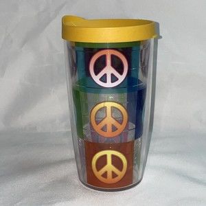 Tervis Plastic Tumbler w/ Lid Peace Signs Yellow 24oz Woodstock Hippie Cup